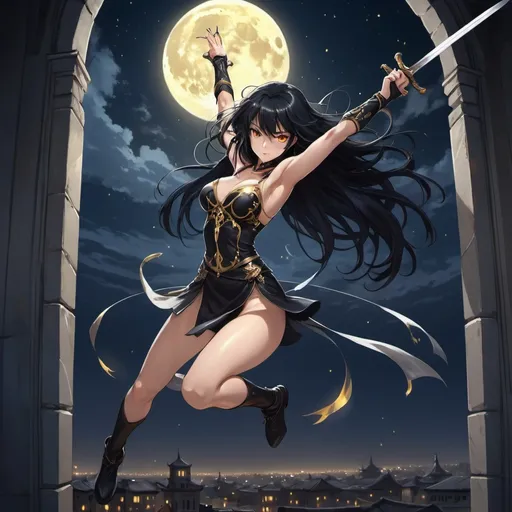 Prompt: Sword and sword shadow, anime, woman, long black hair, yellow eyes, nice-looking muscles, smooth body lines, handsome posture, jumping from a very high window, hair floating in the air, a sword in her hand, and a sword on the handle Gems, mystery, night, moon, stars, energy, drama. Don't wear revealing clothes