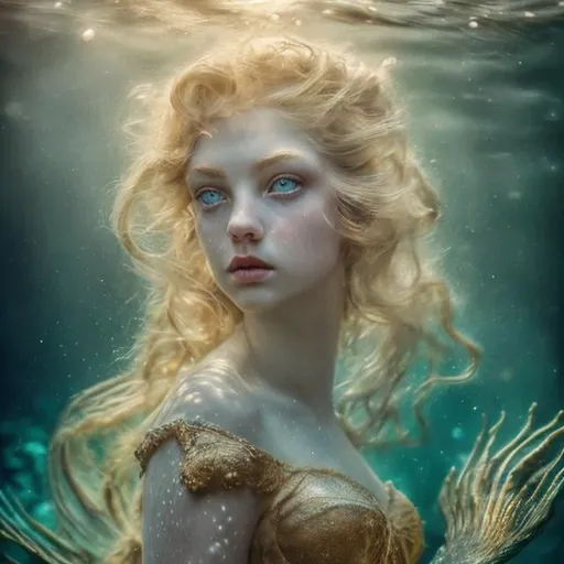 Prompt: Beautiful mermaid, beautiful, blue eyes, light beige hair, golden yellow light on the head, underwater, Victorian style, old-fashioned, underwater starry sky, mysterious, dreamy, elegant, beautiful, attractive, master works, chiaroscuro, detail, complexity, Ultra HD, portraits