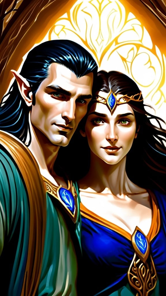 Prompt: Illustrate Aulë and Yavanna from The Silmarillion book, detailed facial featu res, realistic, natural lighting, divine couple. Male and female.