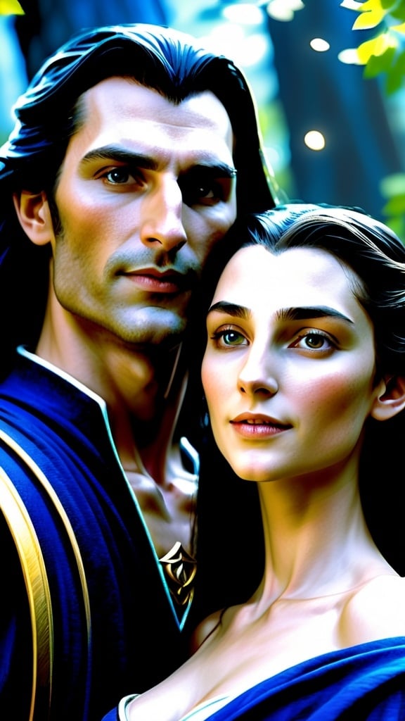 Prompt: Illustrate Aulë and Yavanna from The Silmarillion book, detailed facial featu res, realistic, natural lighting, divine couple. Male and female.