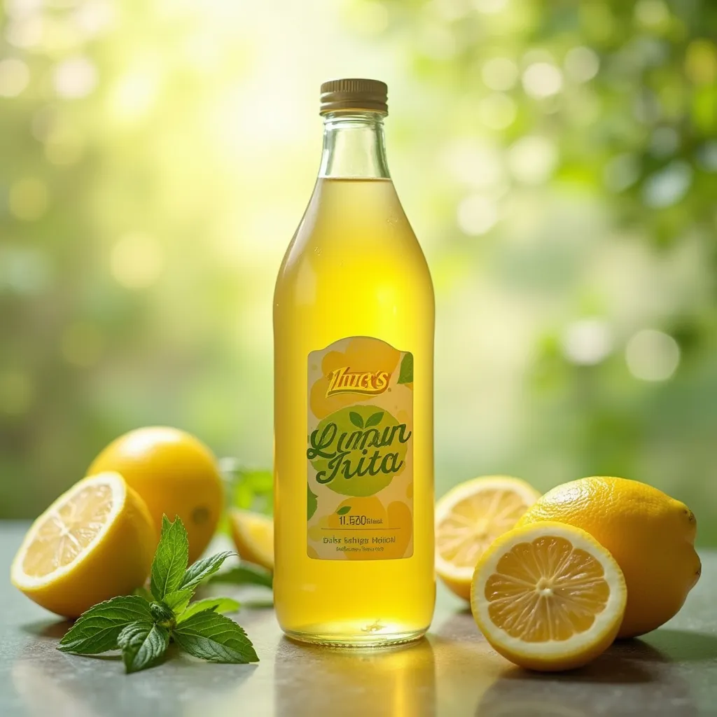 Prompt: in the middle of the picture, let there be a liter of  juice  and have its label because it tastes like lemon and mint. let the background of the picture be spring 