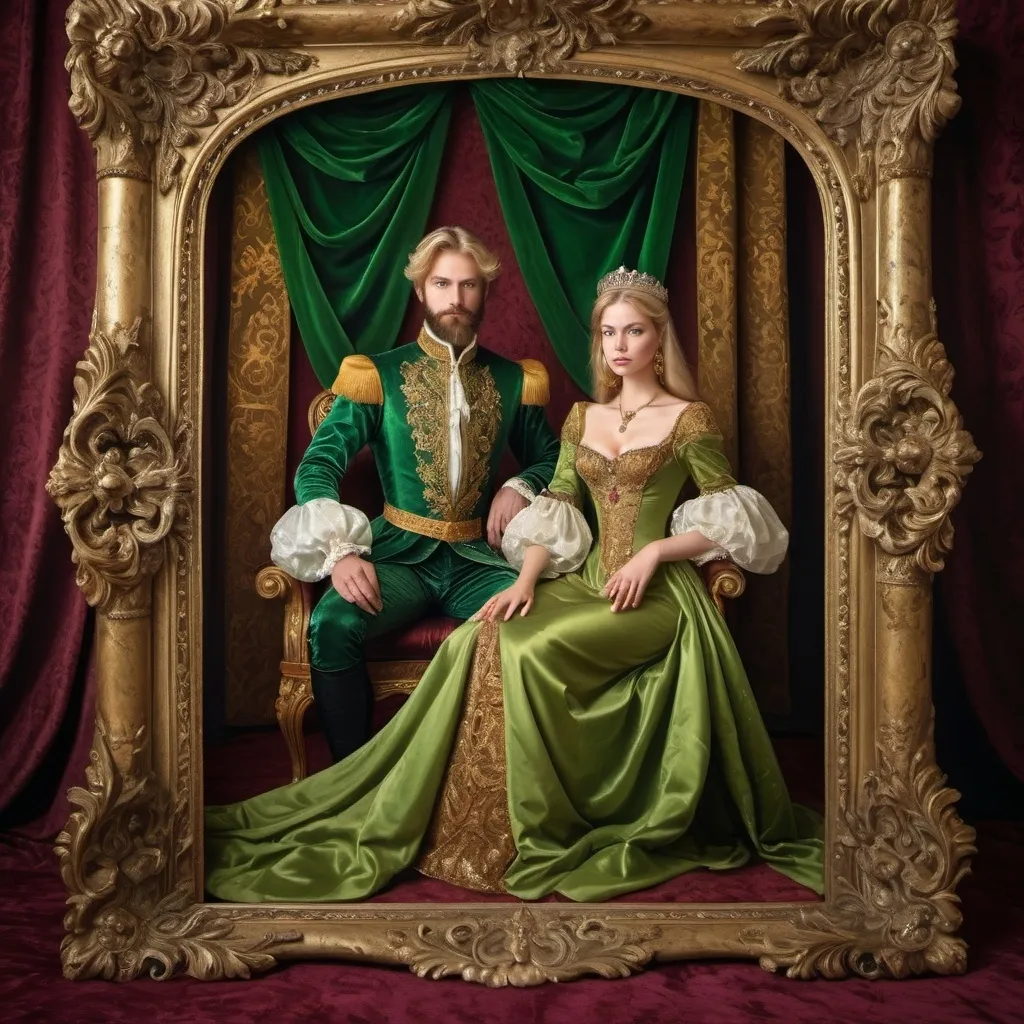 Prompt: Painting in (Renaissance vintage style), a (blond woman) with (green eyes) wearing an elaborate long (royal dress) stands beside a 30-year-old man with (brown hair), seated on a lavish (royal throne) in (nobleman clothing) adorned with intricate details and a beard. An air of (opulence) surrounds them, highlighting their expensive garments. The painting is beautifully contained within an ornate (frame), showcasing the majesty of the scene in (high detail).