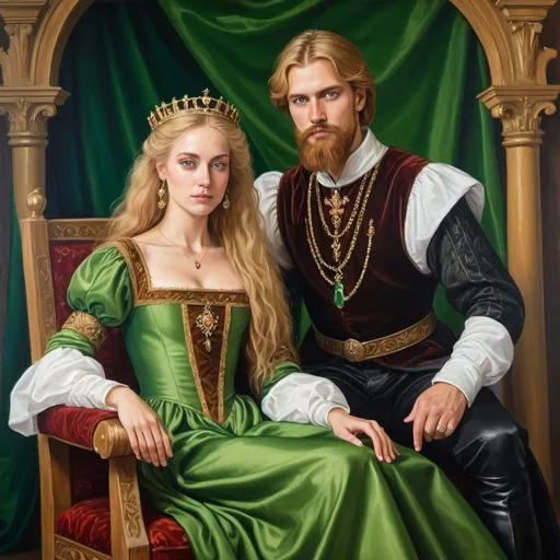 Prompt: Painting in Renaissance  style
Blond woman wearing long royal dress green eyes
30years old man he has brown hair  is sitting on a royal throne. He's wearing nobleman's polish clothing from renesans he has got beard. Their clothes are expensive
Add frame 