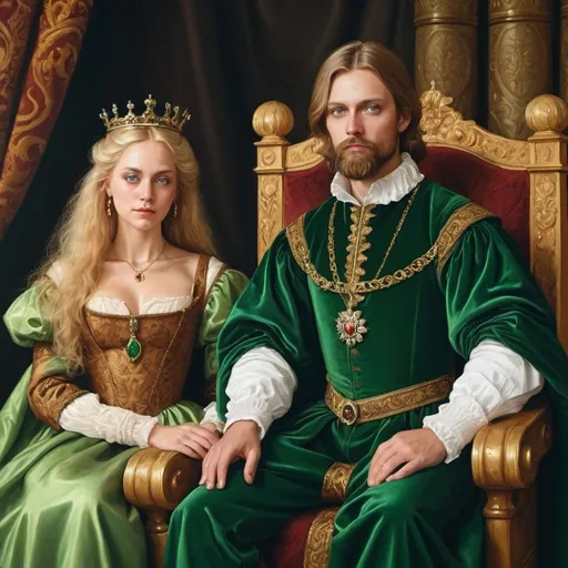 Prompt: Renaissance painting 
Blond woman wearing long royal dress green eyes
30years old man he has brown hair  is sitting on a royal throne. He's wearing nobleman's polish clothing from renesans he has got beard. Their clothes are expensive