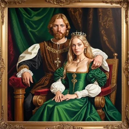 Prompt: Renaissance painting 
Blond woman wearing long royal dress green eyes
30years old man he has brown hair  is sitting on a royal throne. He's wearing nobleman's polish clothing from renesans he has got beard. Their clothes are expensive
Add frame 