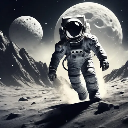 Prompt: Astronaut chasing a yeti on the moon, surreal scene, dramatic lunar landscape, towering mountains in the background, dusty grey surface sparkling under starlight, whimsical yet thrilling atmosphere, high contrast lighting, close up showing the determined expression on the astronaut's face, the yeti appearing mysterious and agile, ultra-detailed, cinematic composition.