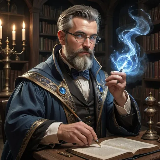 Prompt: middle-aged man,  magic teacher, fatasy style, sourcerer, entire body sitting in dimly lit study, distinguished balbo beard meticulously groomed, his strong jaw,  sharp cheekbones.  piercing blue eyes, spectacles, straight and slightly hooked nose. His tall, lean frame is enveloped in noble robes,  scholarly status, telekinetic abilities with their intricate, floating embroidery.