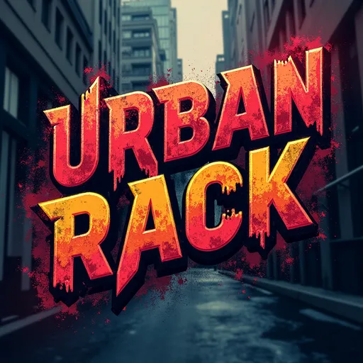 Prompt: (accurately spelled text "URBAN RACK"), logo design, bold street style font, urban street background, smoky atmosphere, gritty textures, vibrant colors, edgy vibe, modern aesthetics, dynamic composition, stylish, captivating design, featuring graffiti elements, high contrast, urban culture-inspired, high quality, ideal for t-shirt printing, visually striking.