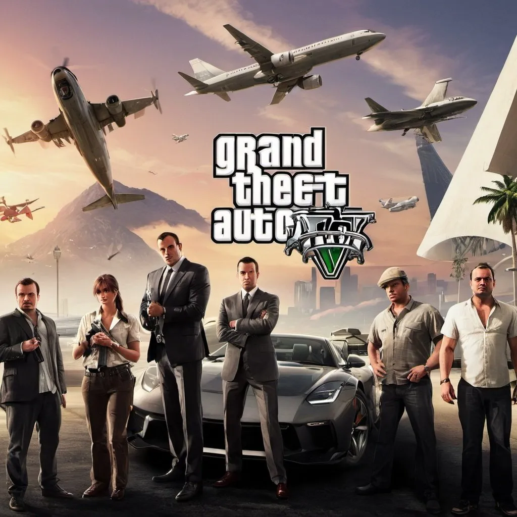 Prompt: All grand theft auto five  game characters in one picture with some planes and cars with a beach background