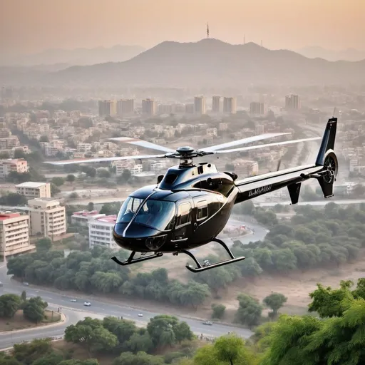 Prompt: "Generate an image of a sleek, modern helicopter flying over the vibrant cityscape of Islamabad, Pakistan. Capture the iconic Margalla Hills in the background, with the city's skyline bustling below. Ensure the helicopter is depicted in clear detail, with its rotor blades in motion, adding a dynamic sense of movement to the scene. Let the image evoke the energy and sophistication of urban life against the backdrop of Islamabad's natural beauty."