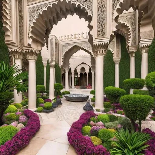 Prompt: Your task is to generate a captivating image of a garden infused with the mesmerizing beauty of Islamic architecture. Imagine a serene oasis where lush greenery, stunning arches, and intricate patterns converge to create a scene of timeless elegance, without appearing overly pompous but rather calming.

In this garden, vibrant flowers bloom alongside carefully manicured plants, their colors harmonizing with the surrounding architecture. A majestic fountain stands at the center, its waters shimmering in the sunlight and casting a soothing aura over the scene.

Surrounding the fountain are graceful arches adorned with delicate carvings and intricate patterns, reminiscent of the rich cultural heritage that inspired their creation. These arches partially conceal the buildings behind them, their walls adorned with mesmerizing mosaics and arabesques that seem to come alive in the shifting light.

As you envision this scene, focus on creating a sense of tranquility and harmony, inviting the viewer to immerse themselves in the beauty of this timeless oasis. Let your imagination soar as you bring to life a place where the past and present blend seamlessly, offering a glimpse into a world of boundless wonder and serenity.