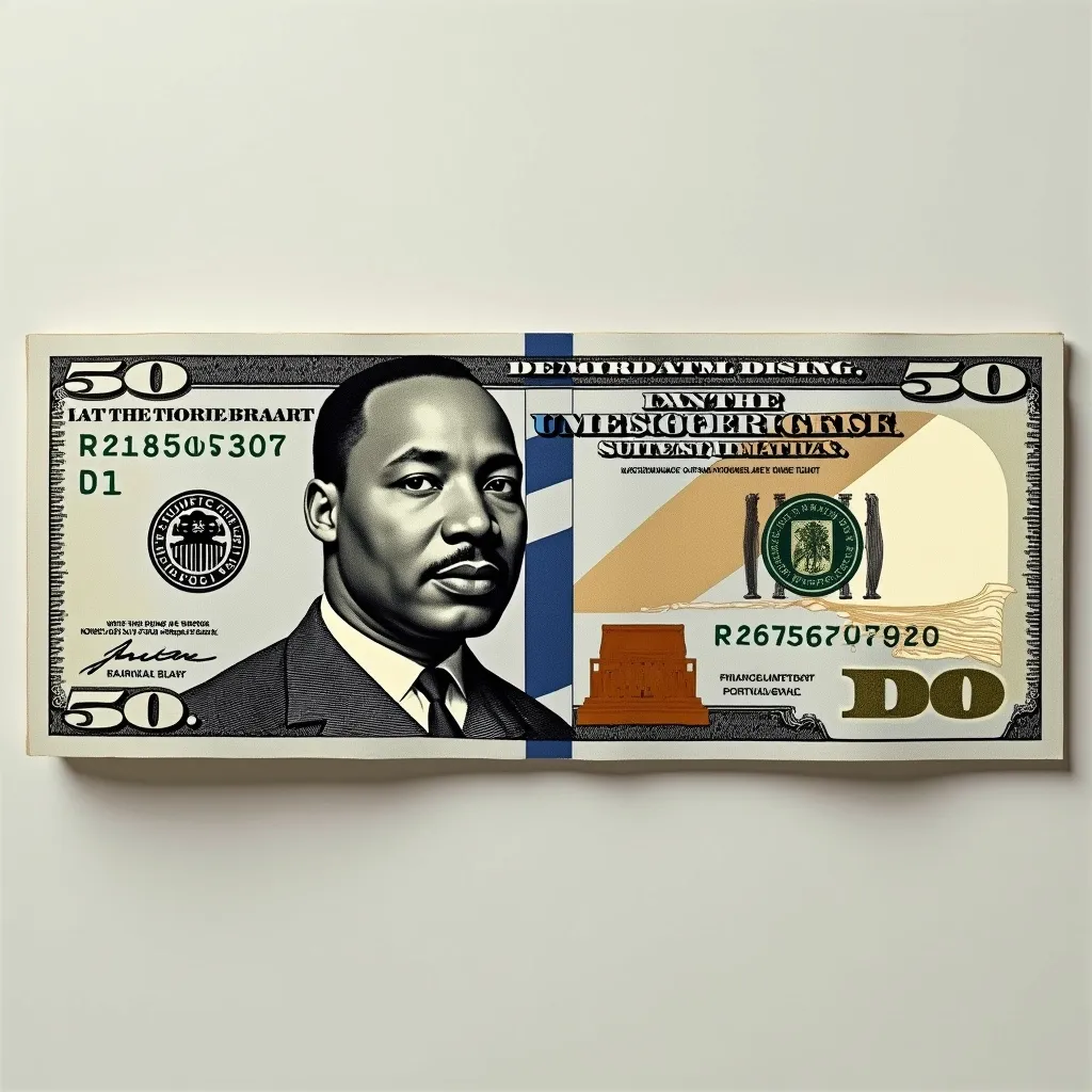 Prompt: create an  conceptual commemorative $50 bill featuring Martin Luther King Jr. on the front and the Lincoln Memorial on the back, with unique security features like color-shifting ink, a holographic strip, and a civil rights watermark. 







