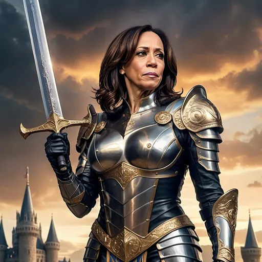 Prompt: Kamala Harris wearing armor and holding Excalibur in one hand and holding Donald Trump’s head in her other hand with Camelot in the background