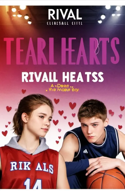 Prompt: just make the cover big: Rival Hearts: A High School Saga, and make the background colourful so it shows thats a teen romance
kara (girl)  is a top of class and dean (boy)is a basketball both used to be friend but now enemies