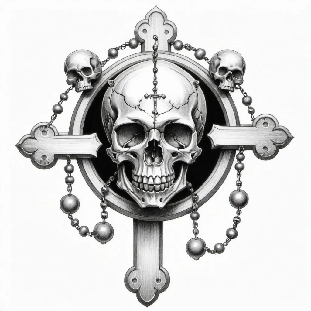 Prompt: pencil sketch of a emblem, rosary consisting of small skulls, white background 