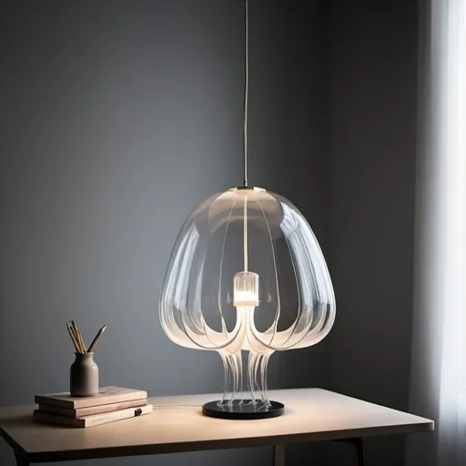 Prompt: create a lamp inspired by jellyfish, the lamp must be transparent, the lampshade is slightly bell-shaped and with a single sinuous base, minimal shapes and few decorations