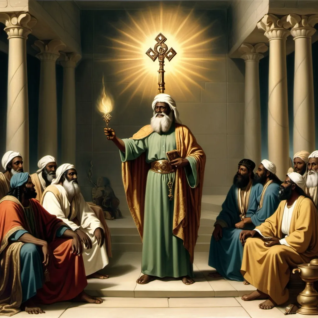 Prompt: حضرت سلیمان در ملک سلیمان و صحبت با اجنه و در حالی که  در دست راستش کتاب کلید کوچکتر سلیمان دارد