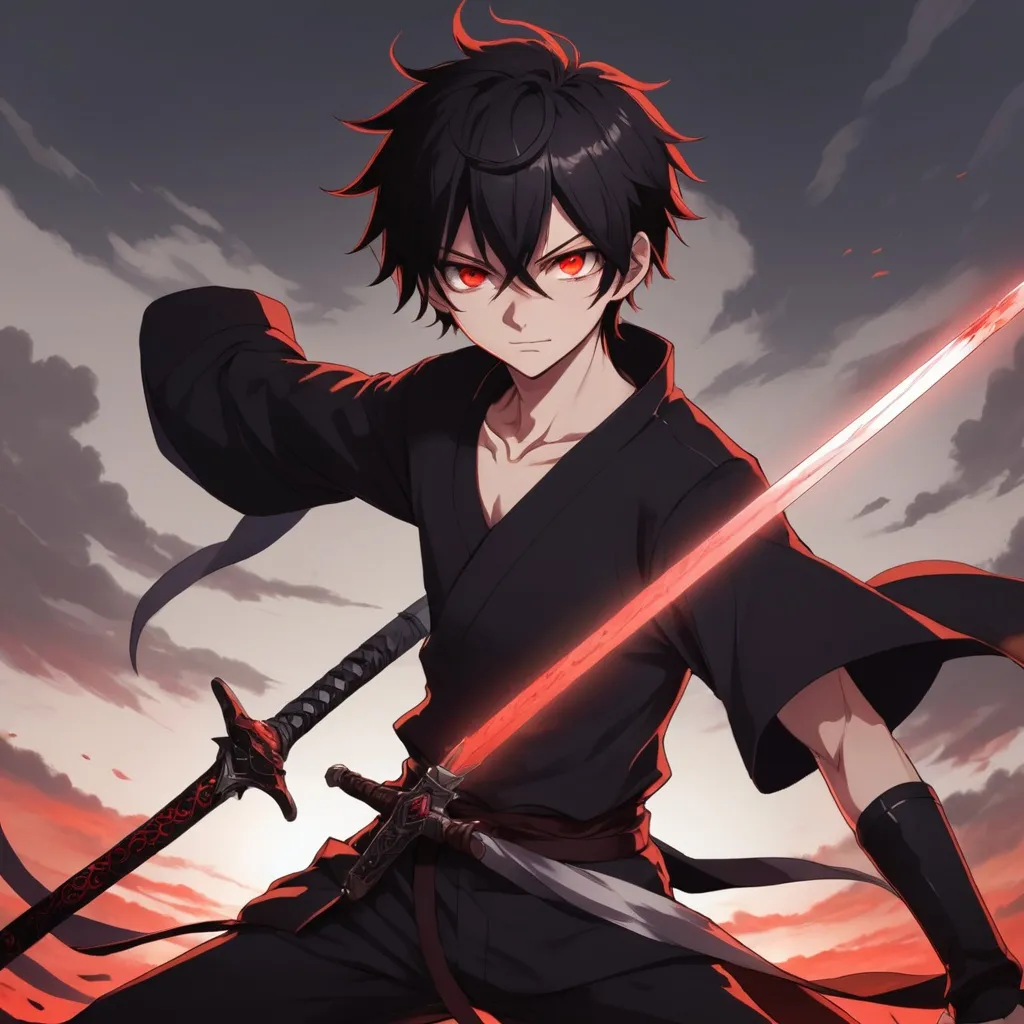 Prompt: 2d anime handsome, red eyes teen boy, using his sword 
