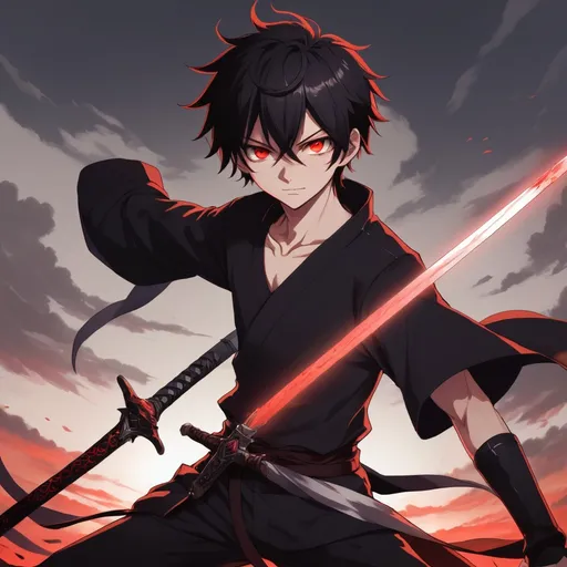 Prompt: 2d anime handsome, red eyes teen boy, using his sword 
