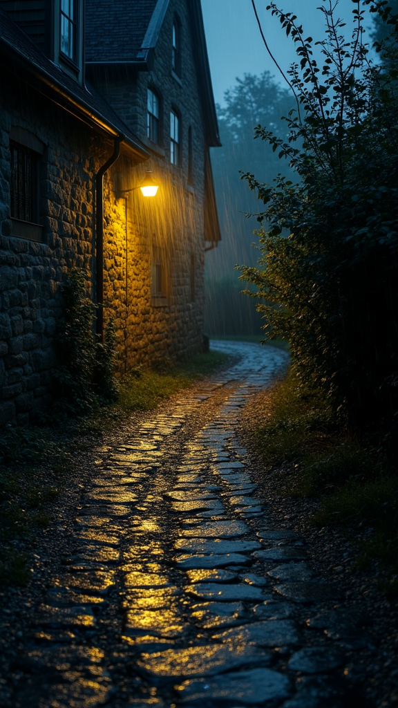 Prompt: Night old curve wet rocky and gravelly path, a small tavern, darkness, one very low and vague yellow street light, high bushes, little rain