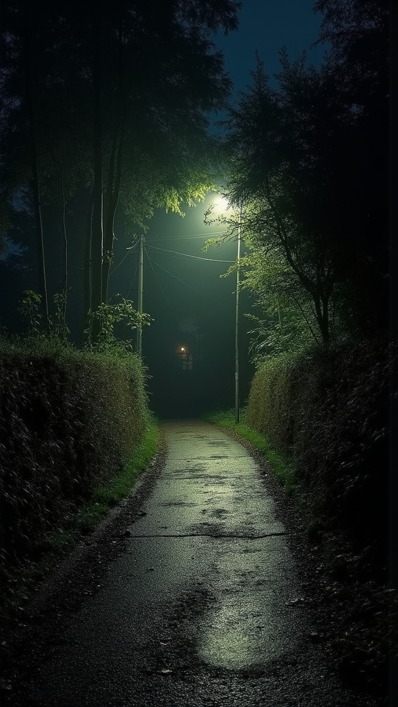 Prompt: Night old curvely wet gravelly narrow path, darkness, one old very low and vague  street light, high bushes, old trees