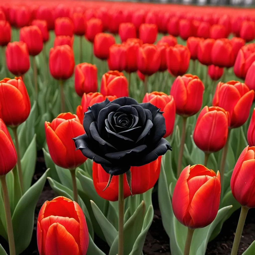 Prompt: a black rose in a garden of red tulip flower