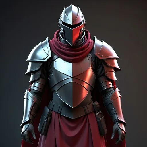 Prompt: Modern Sci-fi Knight with mercenary armor and face mask helmet with obsidian colors on shoulders and crimson shoulder cape