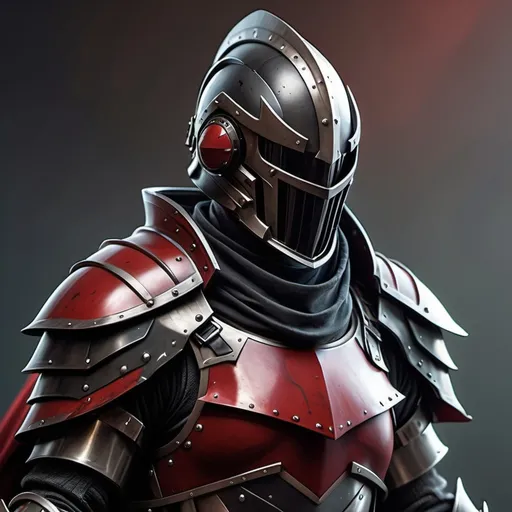 Prompt: Modern Sci-fi Knight with mercenary armor and face mask helmet with obsidian colors on shoulders and crimson shoulder cape