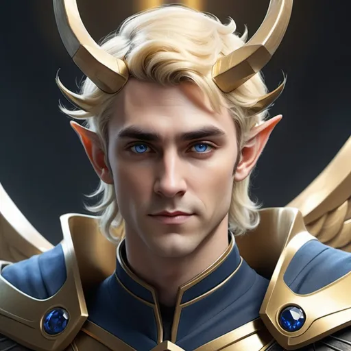 Prompt: Sci-fi male Elf protagonist with horns that has blonde hair with sapphire highlights and gold eyes with a angel halo in Loki armor 