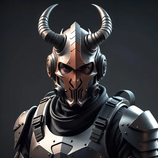 Prompt: Sci-fi Knight Protagonist with horns and tactical face mask 