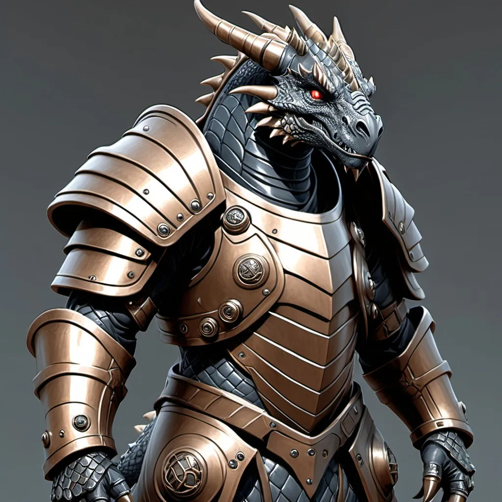 Prompt: Sci-fi dragonborne with scales of Bronze and obsidian that has silver highlights. Wearing power armor 