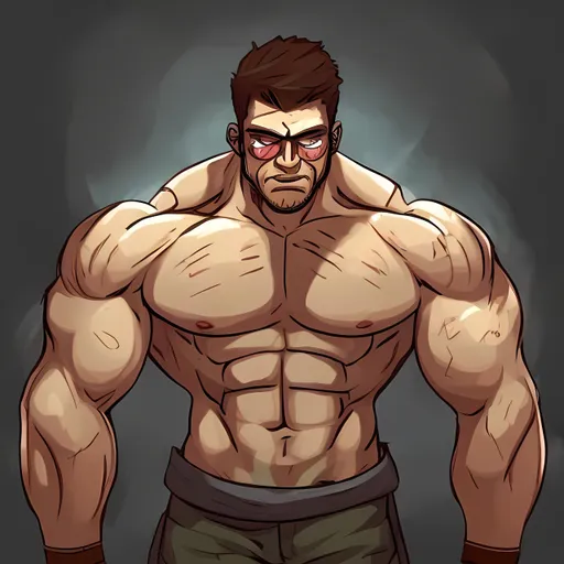 Prompt: Draw a buff character who is been torn by war and has 5 eyes