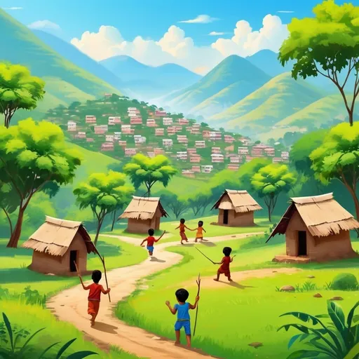 Prompt: create nature with hills greenery trees and indian village houses and kids playing with sticks