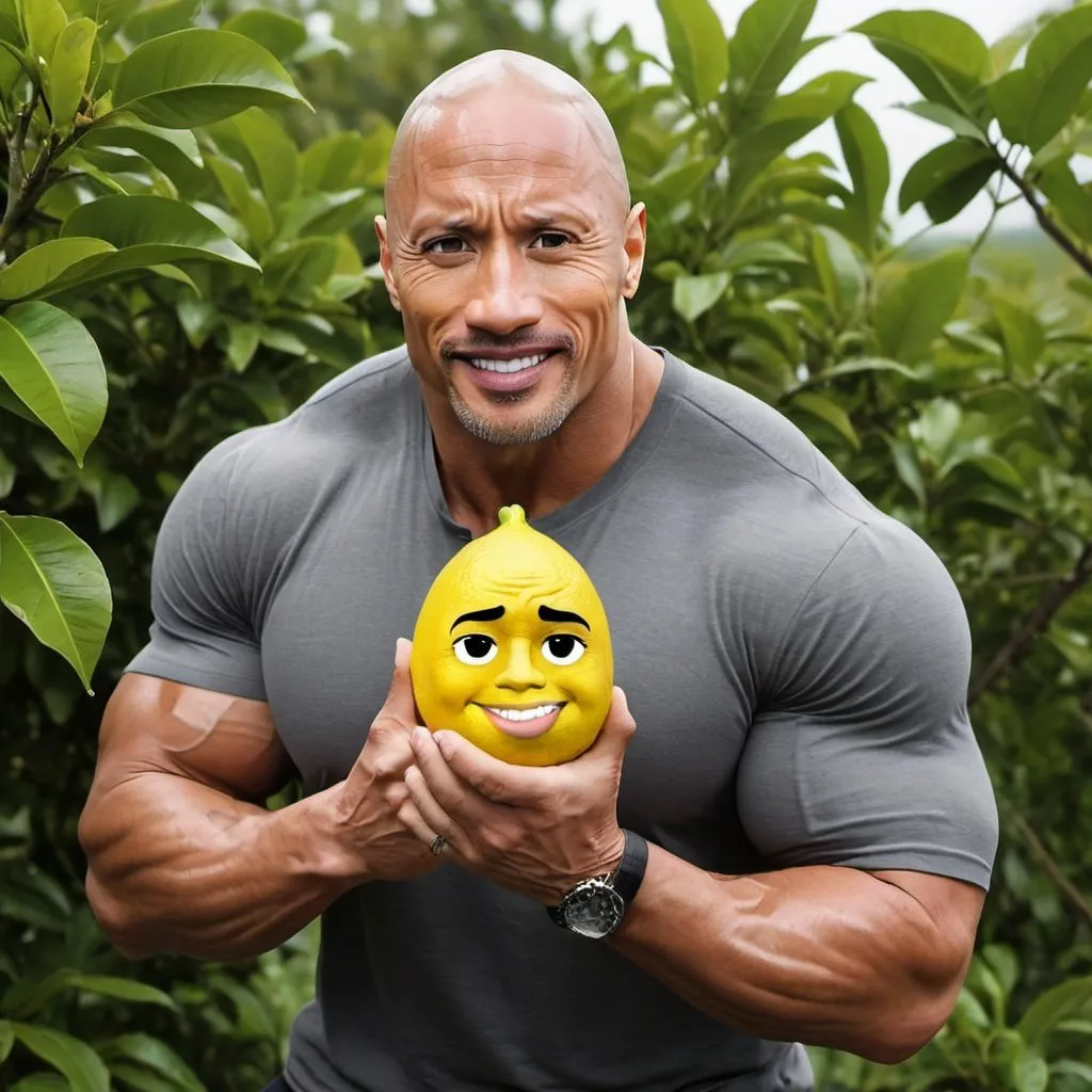 Prompt: create emotional picture holding lemon of dwayne johnson 