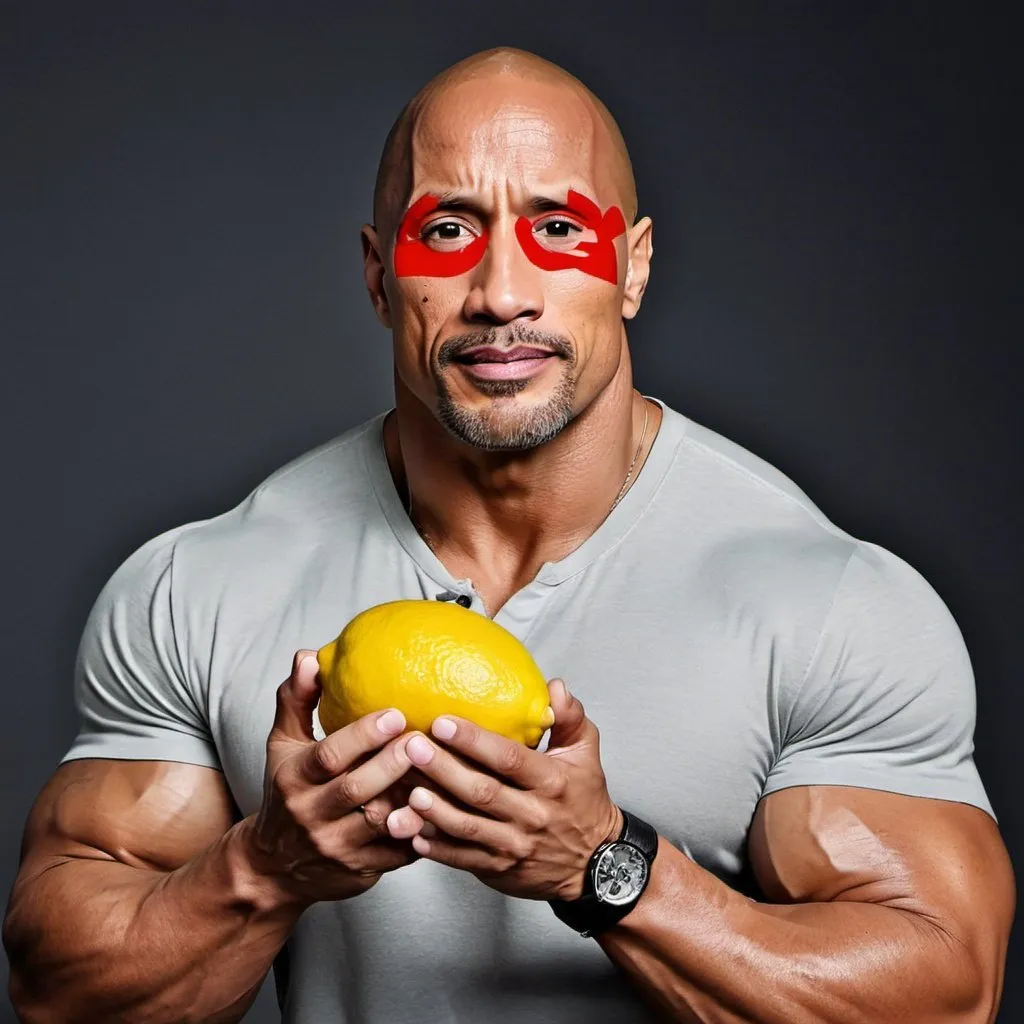 Prompt: create emotional picture holding lemon of dwayne johnson 