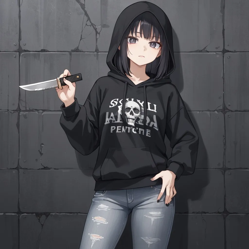 Prompt: A 15 year old female teenager, pale skin, black hoodie, grinning psychotically, grey jeans, holding a knife