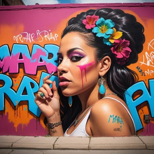 Prompt: Create graffiti for a rap song written by a latina woman about women's empowerment with vivid colors and title Mar�a's rap