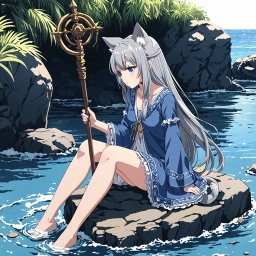 Prompt: anime, girl, detailed, long grey hair, shy, cat ears, very detailed, sitting on stone in the middle of a beaches water, with a staff in her hand dressed in blue