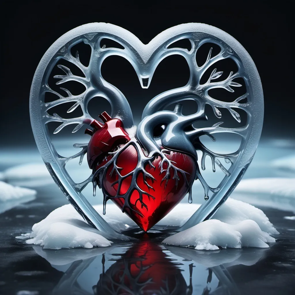 Prompt: Love symbol made of intricate ice, frozen solid, intertwined with a detailed human heart, blood clotted but visibly seeping, pooling around the heart’s base, creating a stark contrast against the crystalline prison, ethereal glow from the icy structure, somber yet profound atmosphere, high depth illustration, emphasizing the chilling effects of unyielding love, 4K ultra-detailed rendering, highlighting the fragility of emotions embodied in ice.