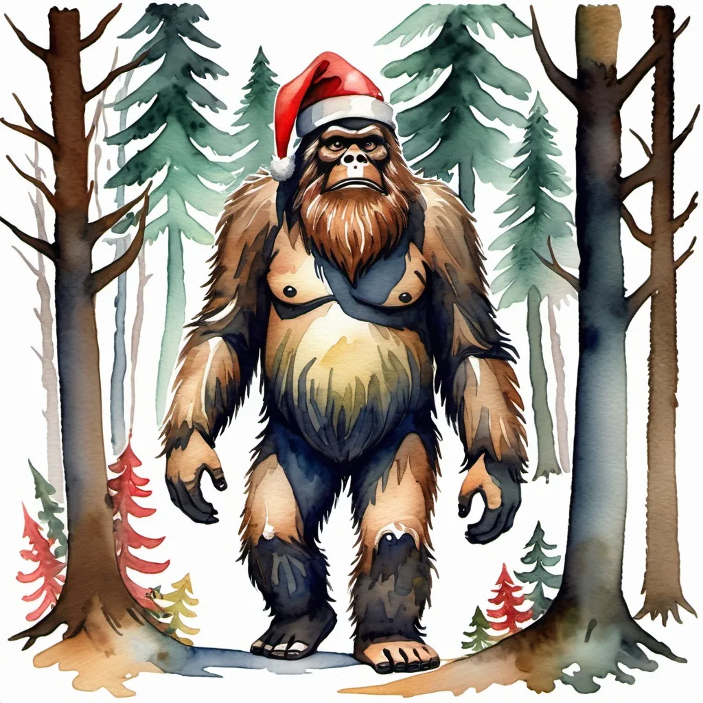 Prompt: Watercolor Sasquatch in the woods with Santa hat