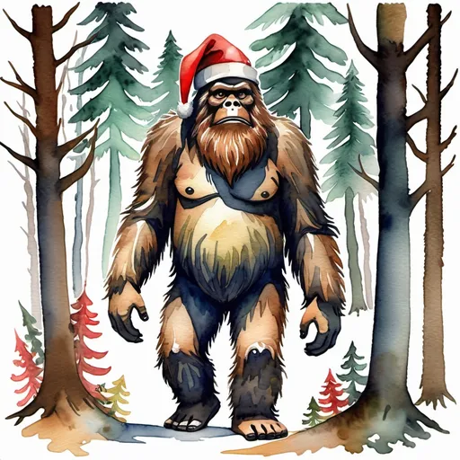 Prompt: Watercolor Sasquatch in the woods with Santa hat