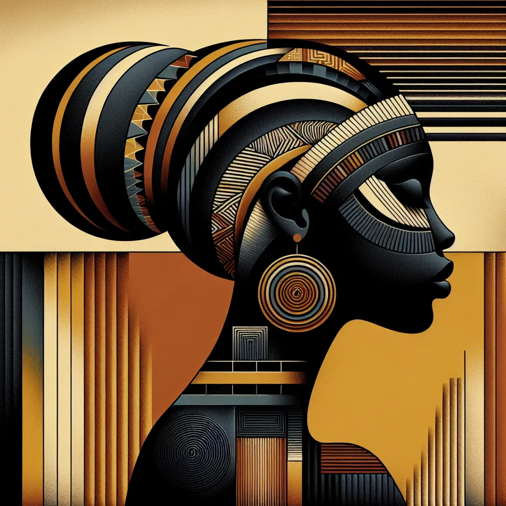 Prompt: Captivating Abstract African Wall Art. A beautiful African woman's face in silhouette, completely black, with only the outline of her features visible. She’s wearing a wrapped dress, visible at her shoulder and chest. Her lips are slightly parted, and her eye is represented by a simple curved line and she is in profile. She wears an elaborate headdress. It's styled in a geometric pattern with stripes and triangular shapes in orange and gold tones. At the back of her head, there's a circular shape suggesting a bun decorated with concentric circles. A large, circular earring is prominently displayed, hanging from her ear. The background is divided into sections of different colors. The left side is dark, transitioning to a light orange or yellow on the right. There are rectangular shapes on the right side, suggesting a stylized cityscape or abstract pattern.