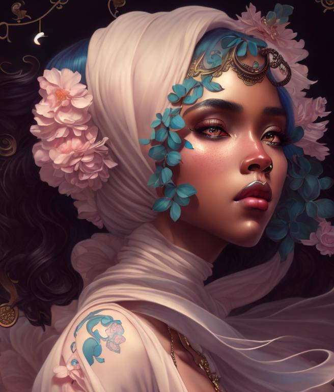Prompt: Breathtaking baroque young black woman and freckles, intricate white tattoos beauty, full head, acanthus scroll, Painted by artgerm, Alphonse Mucha, Akihiko yoshida, sakimichan, krenz cushart, low angle shot, digital painting