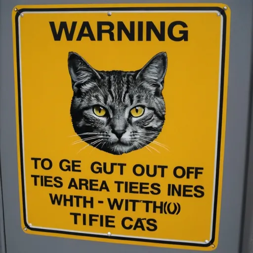Prompt: a warning sign telling people to get out of a area due to cats with ties
