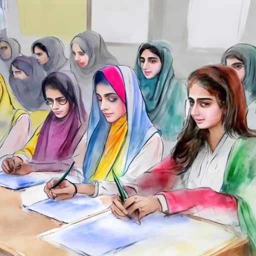 Prompt: water color drawing of
Pakistani Female students in class learning about AI