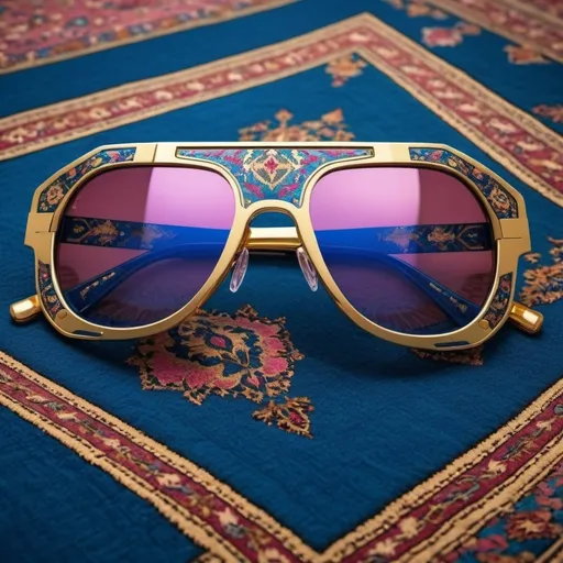 Prompt: A futuristic sunglasses, less pink more blue, gold material, persian concept, persian carpet pattern on the frame, persian carpet features on the handles with gold material, carpet features are made by gold, fantastic, super details, high quality, v6.0, ar1:1