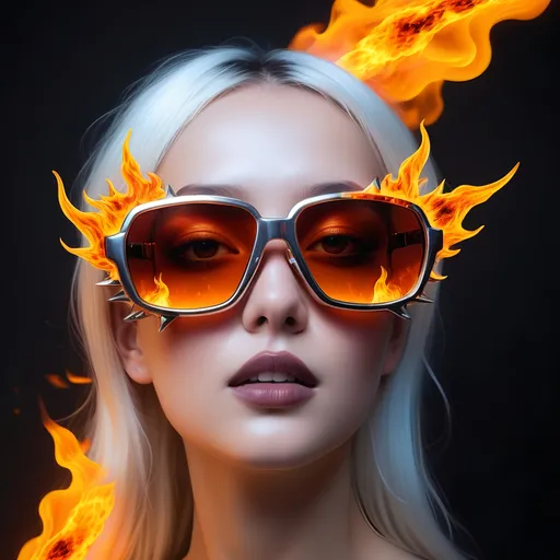 Prompt: A sunglasses, fire background, 
 unisex, exotic, ultra futuristic, the frame is designed on betelgeuse look, the betelgeuse concept, betelgeuse is a star in constellation, betelgeuse is made by fire, made by fire, fire bullets, it attacks with fire, release energy, silver and fire color, fashion, overal impression is one of apulence power and aesthetic sophistication of the universe, multifunctional, out of vision, fire shot, surreal form, without handles, instead of handles it used magnet, out of the box ideas, white hair model is standing on the fire, full details, best render, best brush, the brand of the glasses is called lumiNaZ, perfect material, v6.0, ar1:1