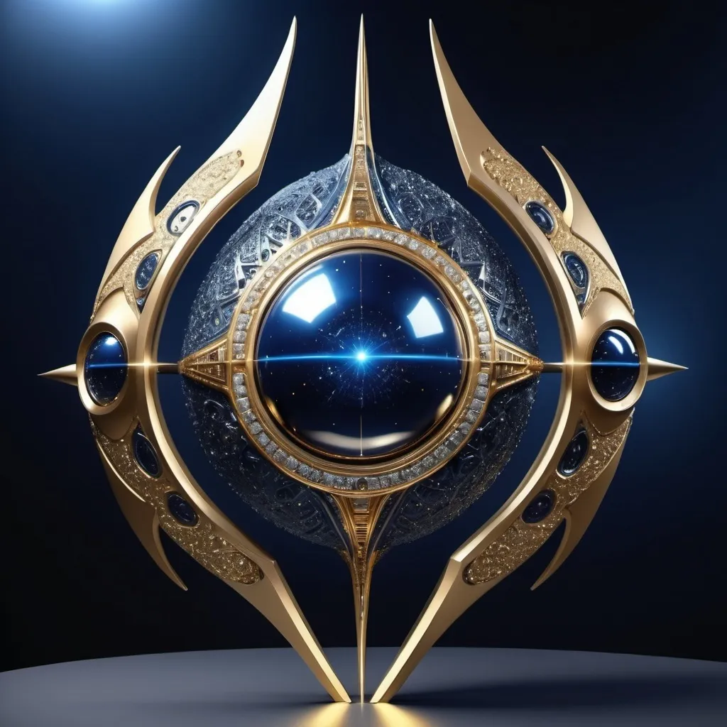 Prompt: A futuristic sculpture, with gold shine, dark blue  color, super nova pattern, diamonds on its pattern like a galaxy, luxurious object for aliens, high quality, full silver details, laser shot vision, the artistic sculpture for shooting, alien weapon which like art object, v6.0, ar1:1