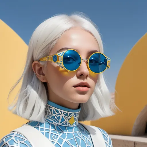 Prompt: A futuristic sunglasses, unisex, silver materials, a little yellow color, less thick more narrow frame, semi-regular lenses, persian colorful architectural pattern on its frame and handles, persian architectural patterns, nature lover, sun and water are yellow and sky blue, sun pattern on its lenses, sky blue, blue gem stone upper the lenses, white hair model wear the glasses,  clear details, high details, high quality, perfect brush touch, perfect render