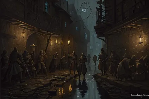 Prompt: Medieval thieves guild in the city sewers, oil painting, dimly lit with torches, gritty and realistic style, murky water reflecting torchlight, detailed cobblestone walls, mysterious figures lurking in the shadows, high quality, oil painting, medieval, dimly lit, gritty style, murky atmosphere, detailed environment